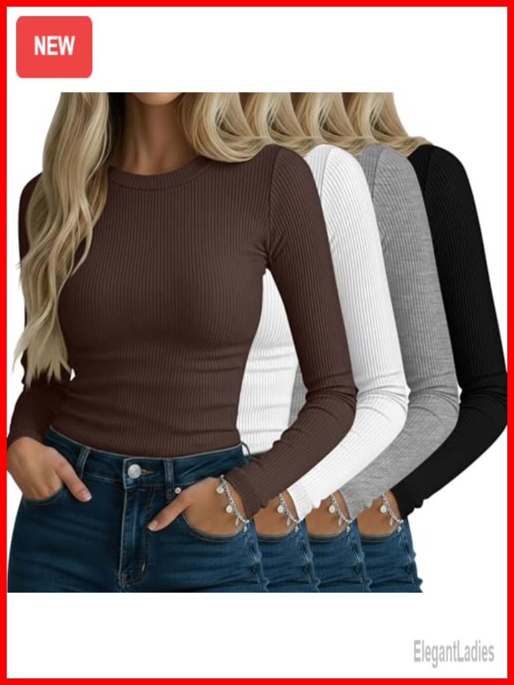 Ribbed Cotton Long Sleeve Crew Neck Slim Fit Tops 4 Pack Women